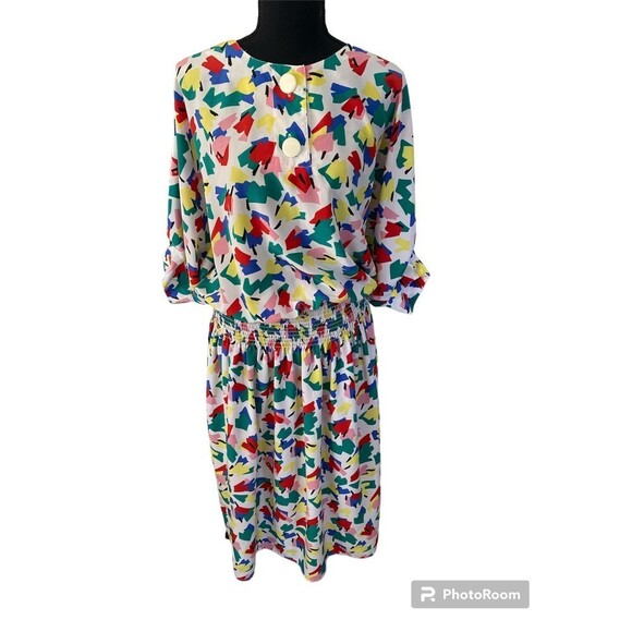 Vintage 80’s or 90’s Kasper smocked waist blouson top longer dress 3/4 sleeve - Picture 1 of 10